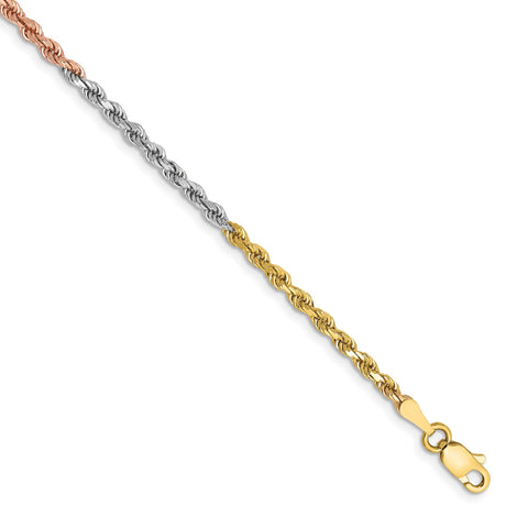 14K Tri-color Gold 2.5 mm Rope Chain Bracelet, Polished