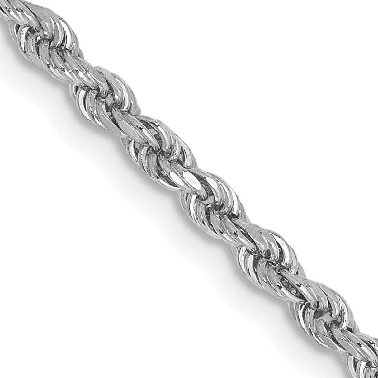 10K White Gold 2.25 mm Rope Chain Necklace, Polished detail view