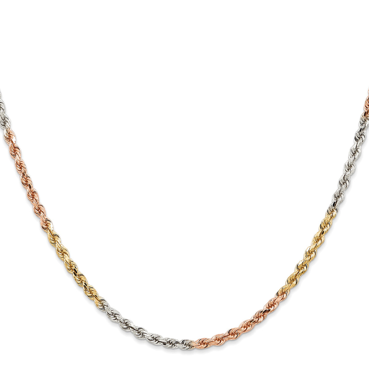 14K Tri-color Gold 2.9 mm Rope Chain Necklace, Polished