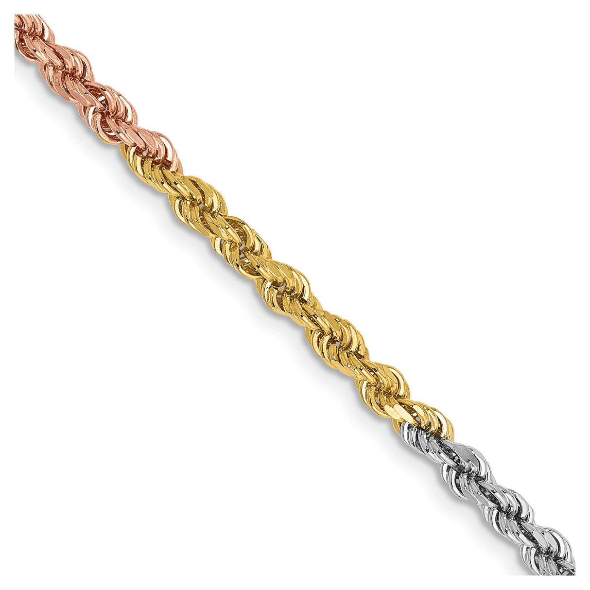 14K Tri-color Gold 2.9 mm Rope Chain Necklace, Polished detail view