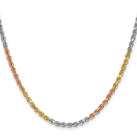 14K Tri-color Gold 3 mm Rope Chain Necklace, Polished