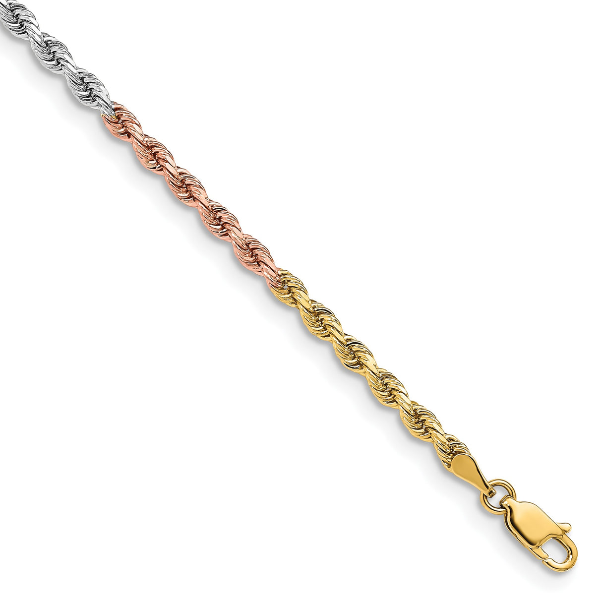 14K Tri-color Gold 3 mm Rope Chain Bracelet, Polished