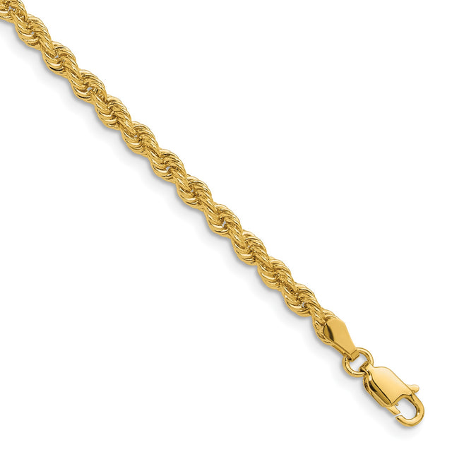 14K Yellow Gold 3.3 mm Rope Chain Anklet, Polished