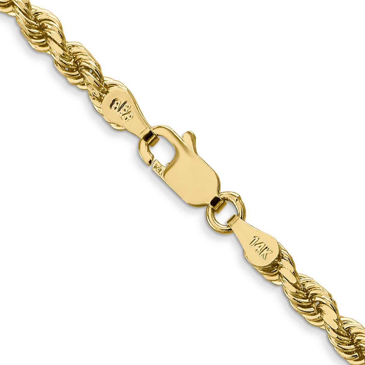 14K Yellow Gold 3.5 mm Rope Chain Necklace, Polished detail view