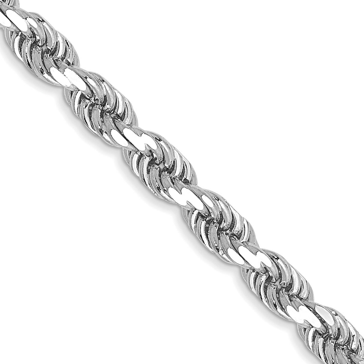 10K White Gold 3.5 mm Rope Chain Necklace, Polished detail view
