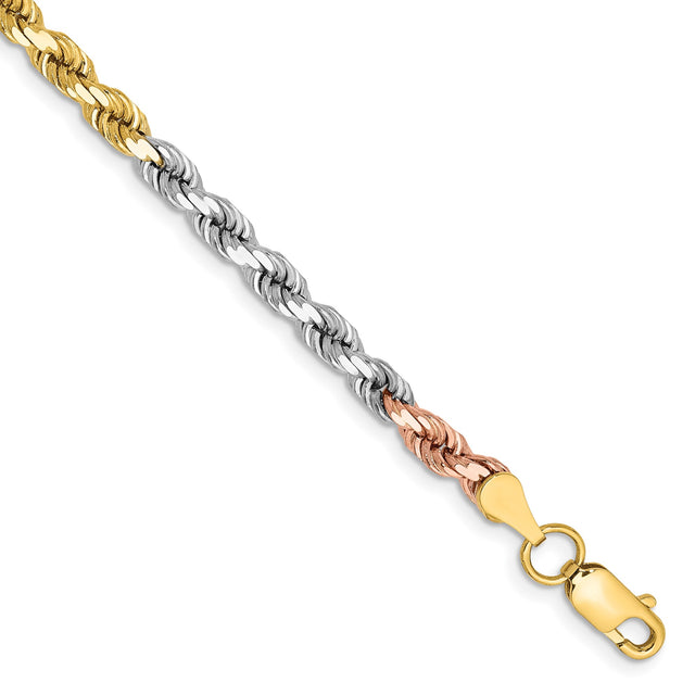 14K Tri-color Gold 4 mm Rope Chain Bracelet, Polished