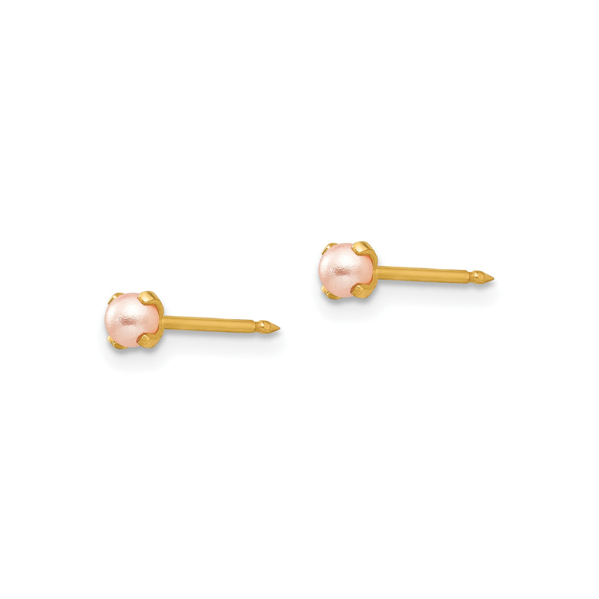 14k Yellow Gold Stud Earrings with Round Pink Simulated Pearl, Classic Minimalist Design