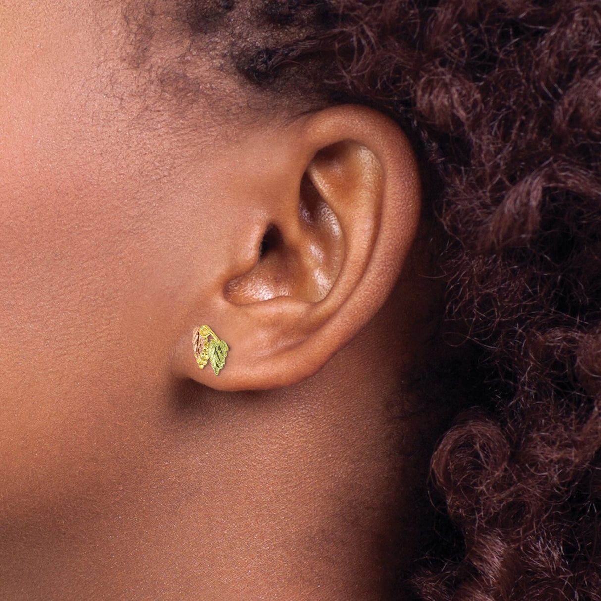 10k Yellow Gold Stud Earrings, Tri-Color Grape Leaf Design, Nature Inspired for Women