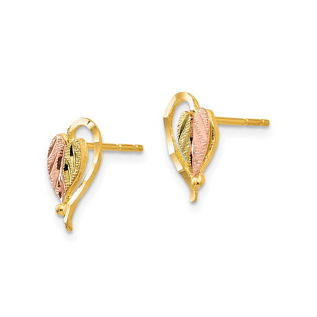 10k Yellow Gold Heart and Leaf Stud Earrings, Tri-Color Floral Design for Women