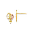 10k Yellow Gold Heart and Leaf Stud Earrings, Tri-Color Floral Design for Women