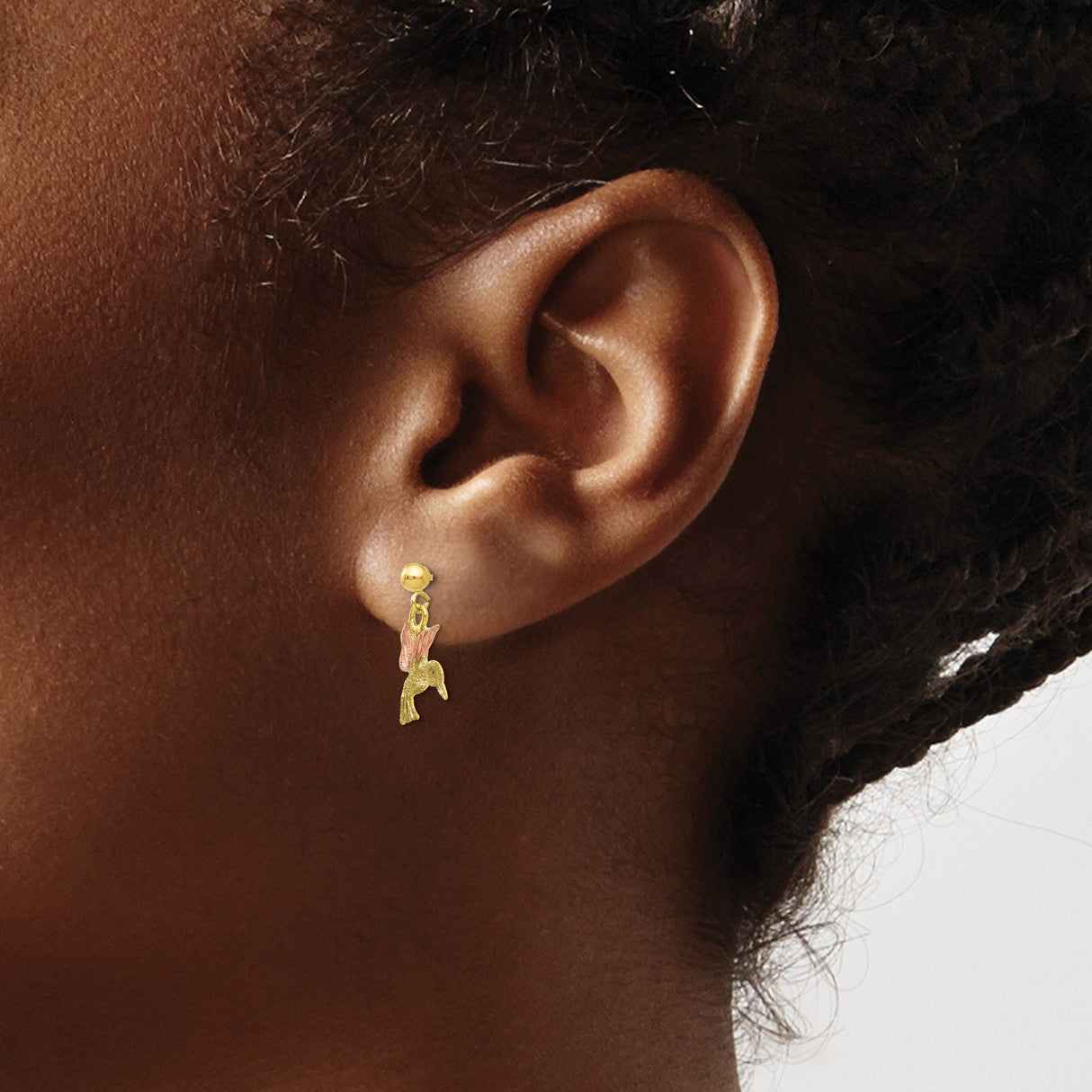 10k Yellow Gold Hummingbird Stud Earrings, Two-Tone with Rose Accents, Nature Inspired Design
