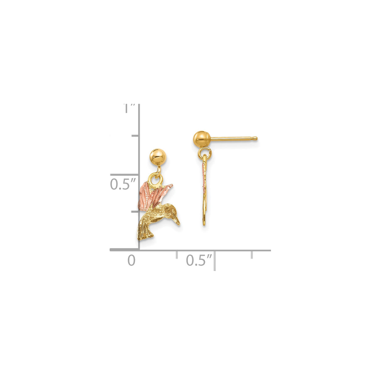 10k Yellow Gold Hummingbird Stud Earrings, Two-Tone with Rose Accents, Nature Inspired Design