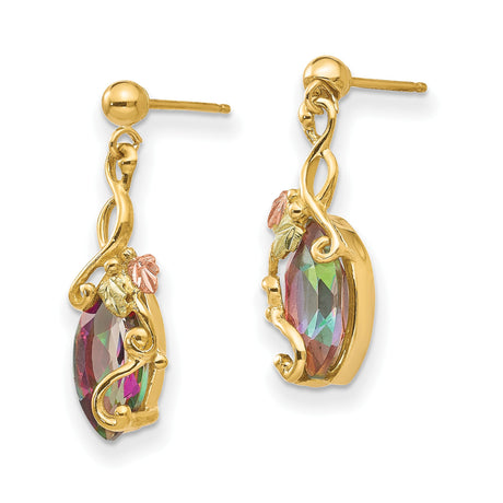 10k Yellow Gold Dangle Earrings with Marquise Mystic Fire Topaz, Swirl Motif, Tri-Color Leaf Accents