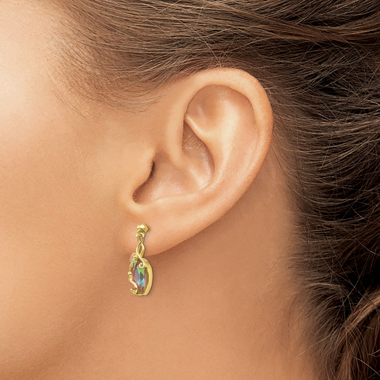 10k Yellow Gold Dangle Earrings with Marquise Mystic Fire Topaz, Swirl Motif, Tri-Color Leaf Accents