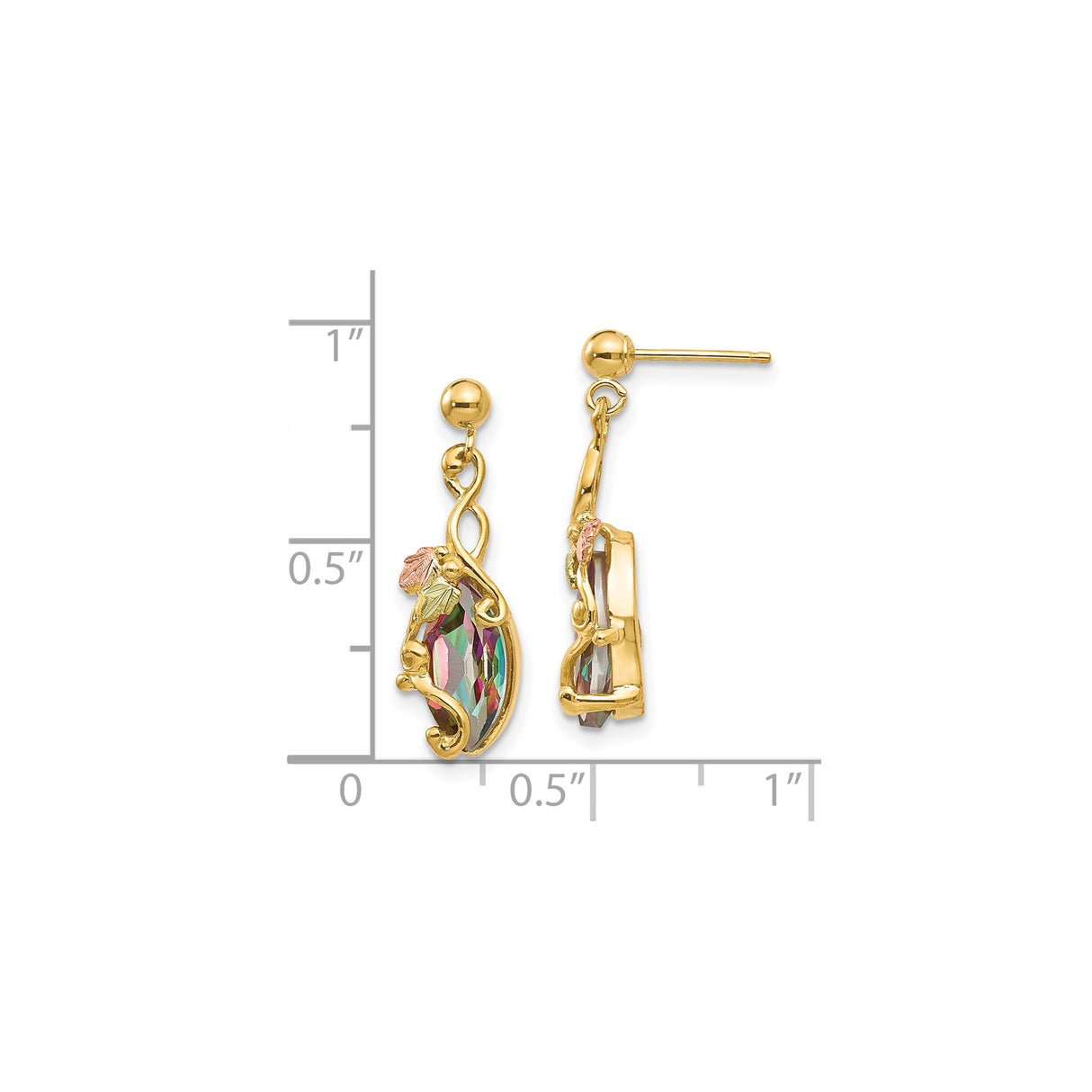 10k Yellow Gold Dangle Earrings with Marquise Mystic Fire Topaz, Swirl Motif, Tri-Color Leaf Accents