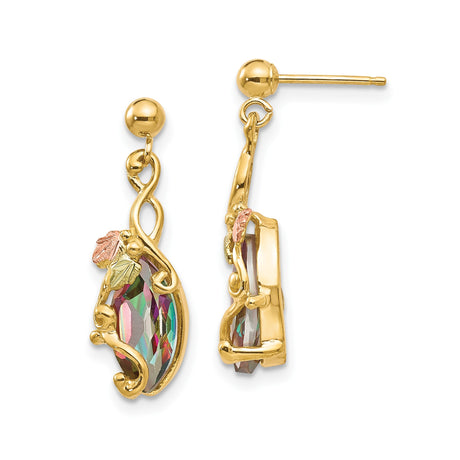 10k Yellow Gold Dangle Earrings with Marquise Mystic Fire Topaz, Swirl Motif, Tri-Color Leaf Accents