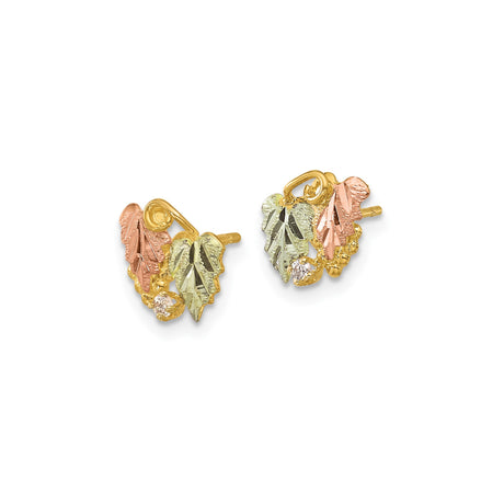 10k Yellow Gold Stud Earrings with Diamond Accent, Tri Color Leaf Design, Nature Motif