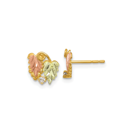 10k Yellow Gold Stud Earrings with Diamond Accent, Tri Color Leaf Design, Nature Motif