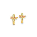 10k Tri-Color Gold Cross Stud Earrings with Floral Motif and Textured Detail