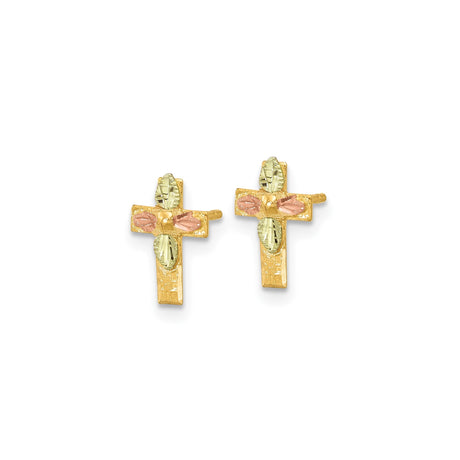10k Tri-Color Gold Cross Stud Earrings with Floral Motif and Textured Detail
