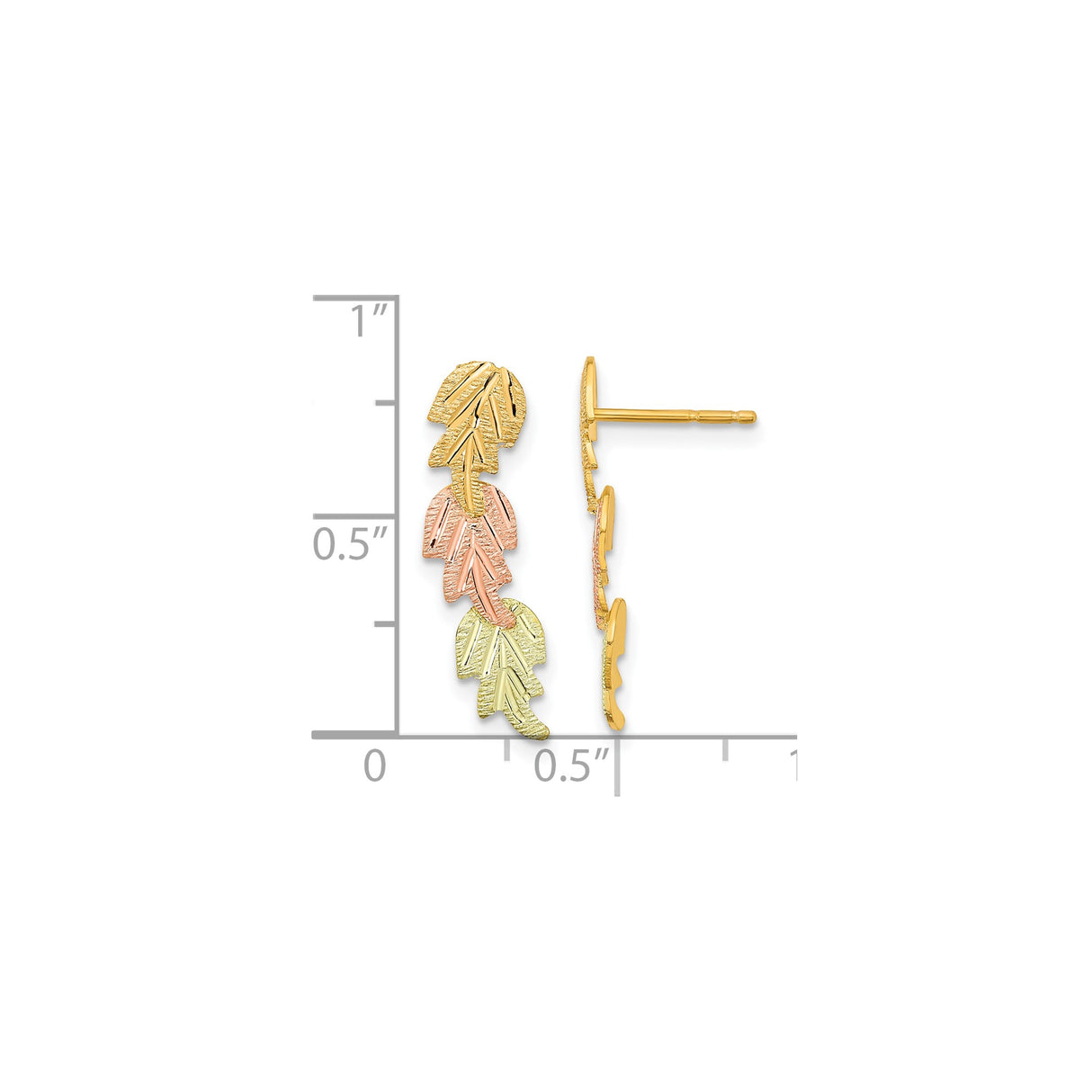 10k Tri-Color Gold Leaf Climber Earrings with Textured Yellow, White, and Rose Gold Leaves
