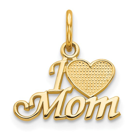 10k Yellow Gold I Love Mom Heart Pendant, Sentimental Script Design for Women