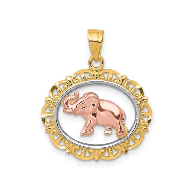 10k Two-Tone Gold Elephant Pendant with Rose Gold Elephant in Ornate Oval Frame