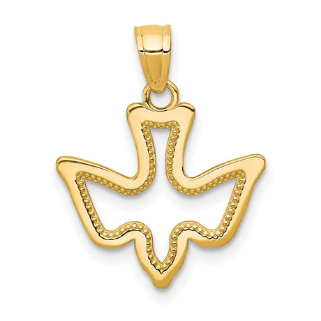 10k Yellow Gold Dove Pendant, Openwork Design with Beaded Detailing, Christian Symbol of Peace