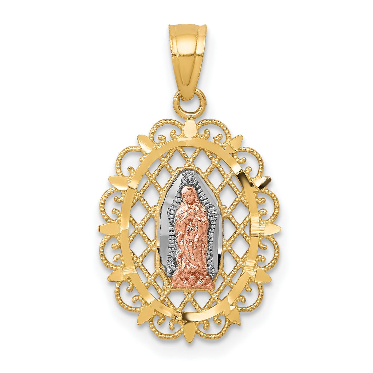 10k Tri-Tone Polished Yellow Gold Our Lady of Guadalupe Oval Charm Pendant in Real 10k Multi-Tone Gold