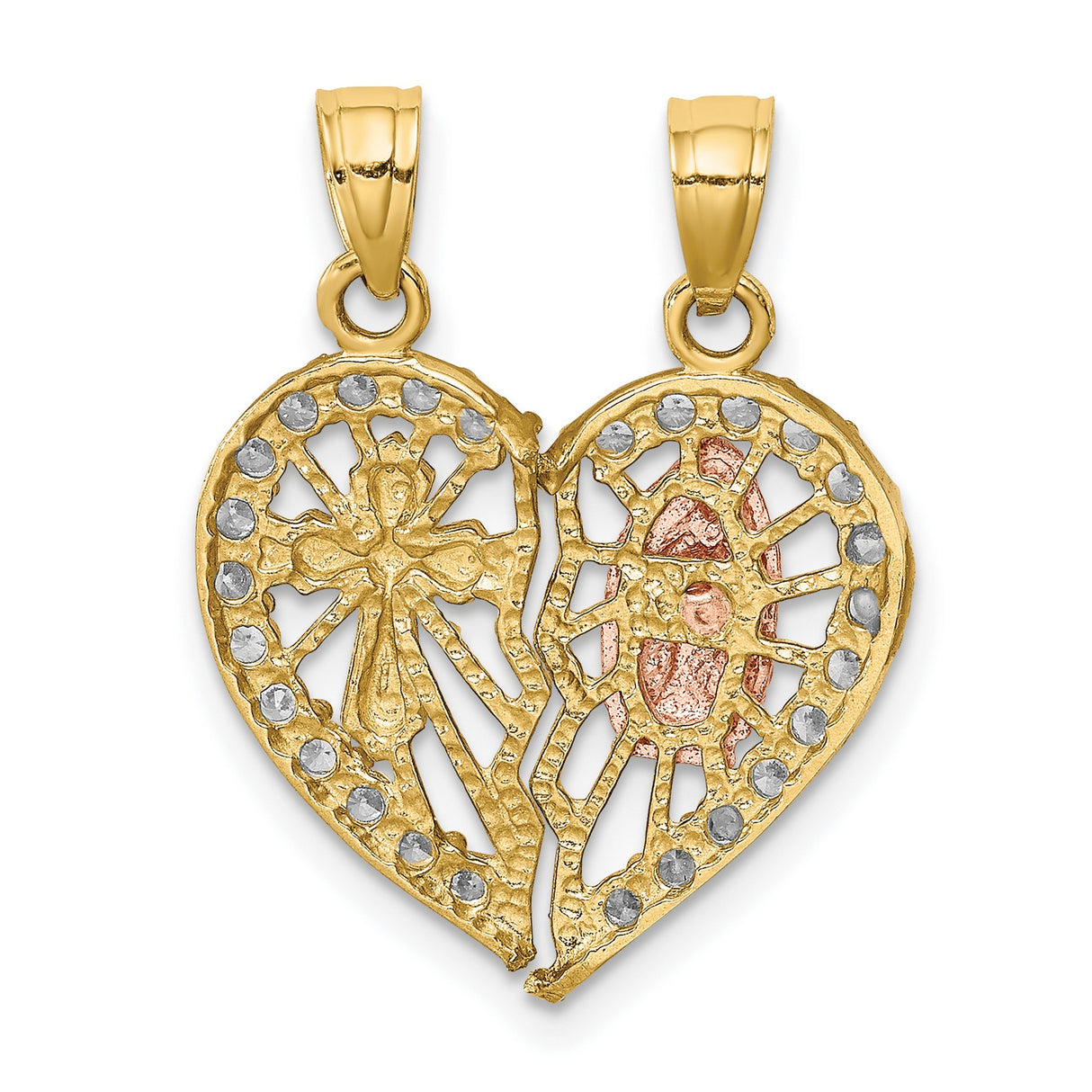 CZ Religious Break apart Heart Charm Pendant in Real 10k Multi-Tone Gold