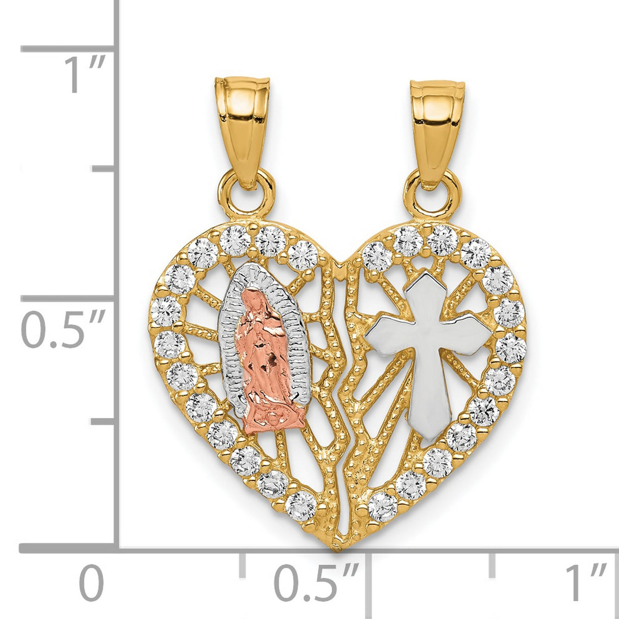 CZ Religious Break apart Heart Charm Pendant in Real 10k Multi-Tone Gold