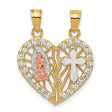 CZ Religious Break apart Heart Charm Pendant in Real 10k Multi-Tone Gold