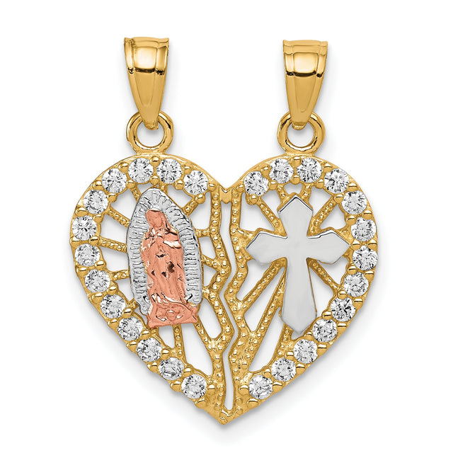 CZ Religious Break apart Heart Charm Pendant in Real 10k Multi-Tone Gold