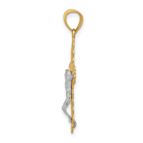 10k Multi-Tone Gold Crucifix Pendant with Rhodium Accents, Jesus Figure, Filigree Catholic Design