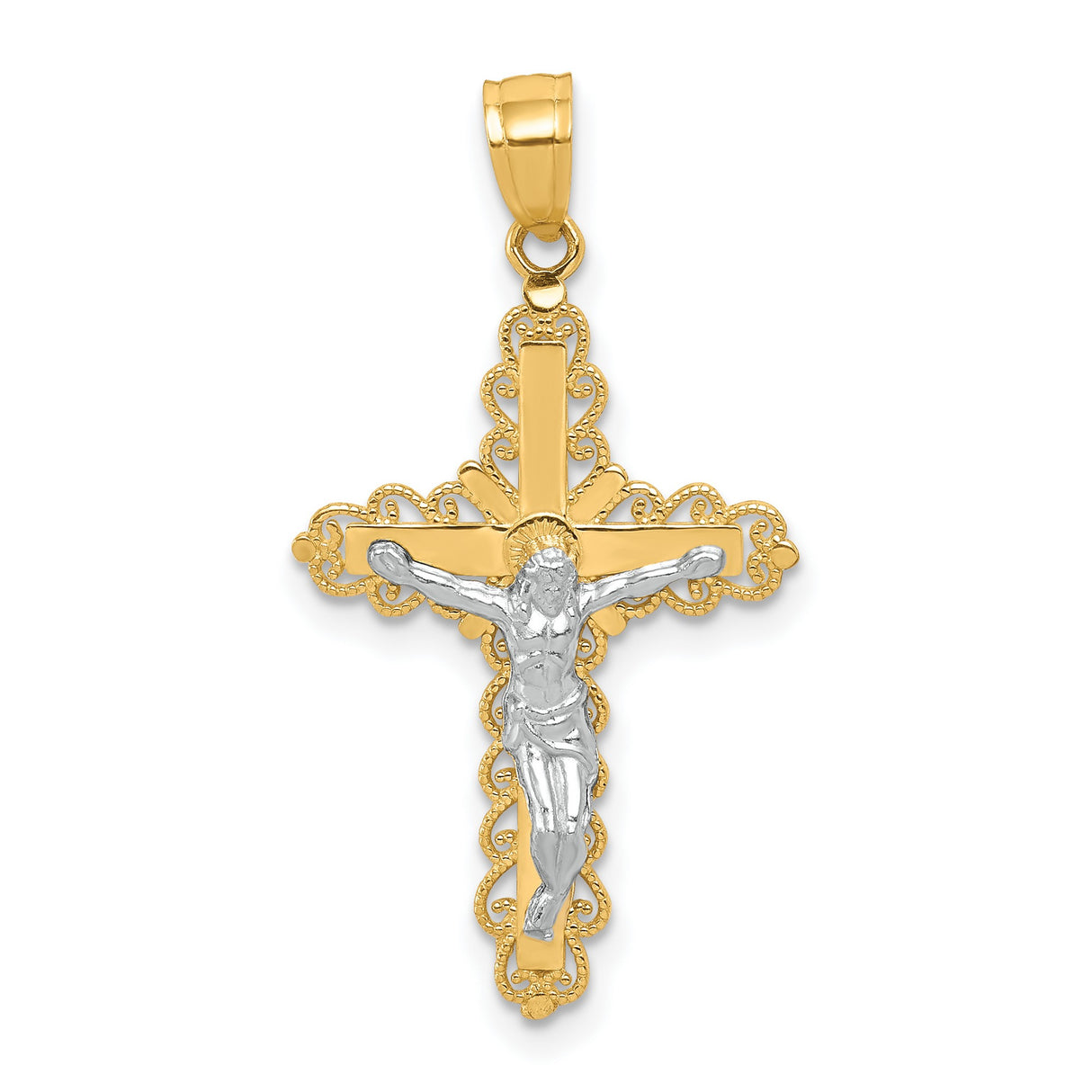 Filigree Crucifix Charm Pendant in Real 10k Multi-Tone Gold