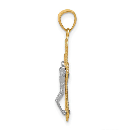10k Multi-Tone Gold Crucifix Pendant with Rhodium Filigree Cross Detailing