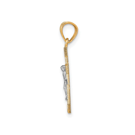 10k Multi-Tone Gold Crucifix Cross Pendant with Silver Christ Figure and Textured Latin Design