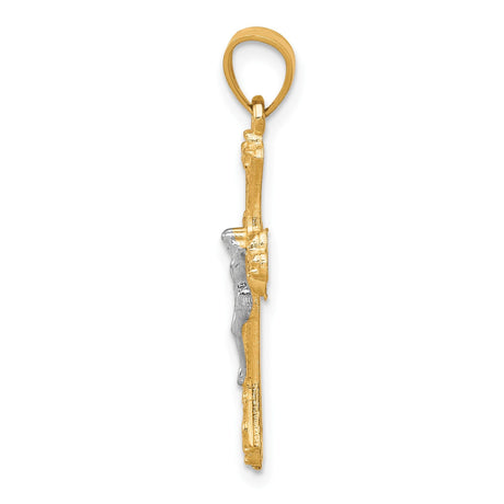 10k Multi-Tone Gold Crucifix Cross Pendant with Rhodium Christ Figure and Fleur de Lis Detail
