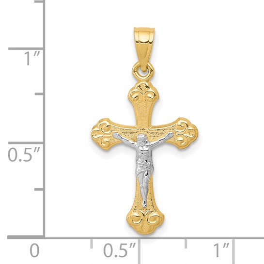 10k Multi-Tone Gold Crucifix Pendant with Rhodium Accents, Baroque Cross Design