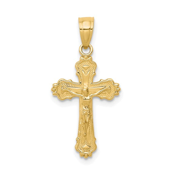 10k Yellow Gold Crucifix Cross Pendant with Jesus, Fleur-de-Lis Religious Charm