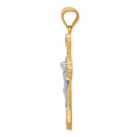 10k Multi-Tone Gold Crucifix Pendant with Rhodium Accents, Fleur de Lis Baroque Style