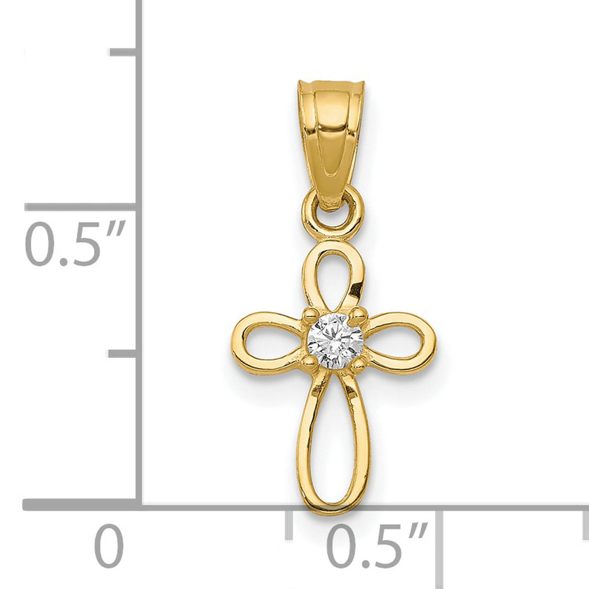 10k Yellow Gold Cross Pendant with Cubic Zirconia Center, Open Loop Design, Religious Style