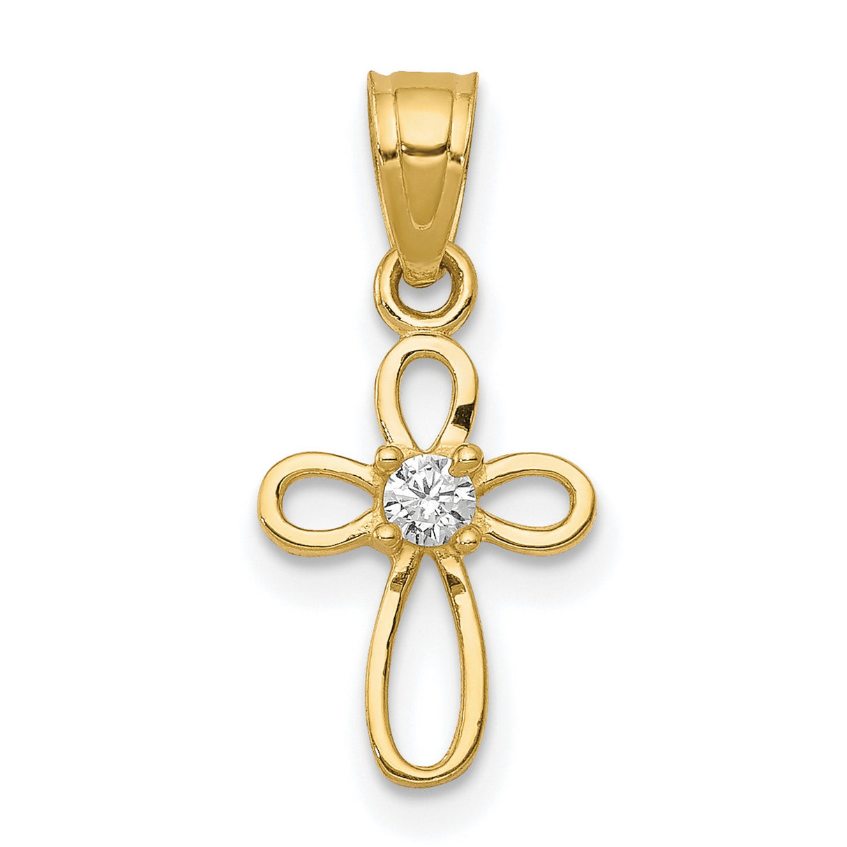 10k Yellow Gold Cross Pendant with Cubic Zirconia Center, Open Loop Design, Religious Style