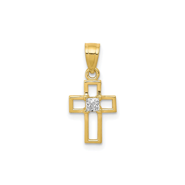 10k Yellow Gold Cross Pendant with Cubic Zirconia, Openwork Design, Unisex Religious Jewelry