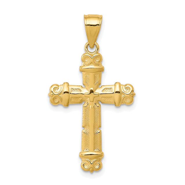 10k Yellow Gold Fleur de Lis Cross Pendant, Vintage Gothic Filigree Religious Charm