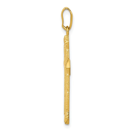 10k Yellow Gold Cross Pendant with Etched Floral Detail and Mirror Finish