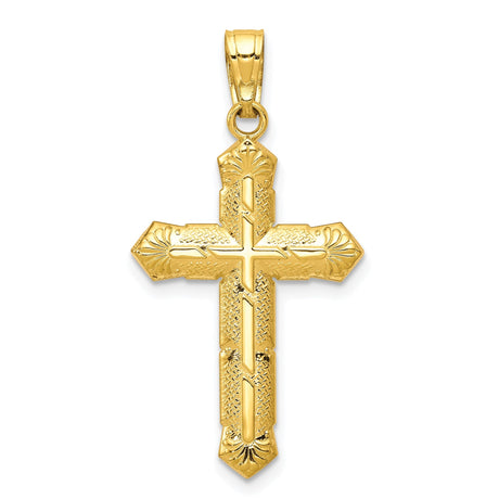 10k Yellow Gold Cross Pendant with Etched Floral Detail and Mirror Finish