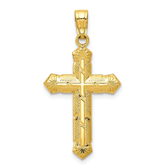 10k Yellow Gold Cross Pendant with Etched Floral Detail and Mirror Finish