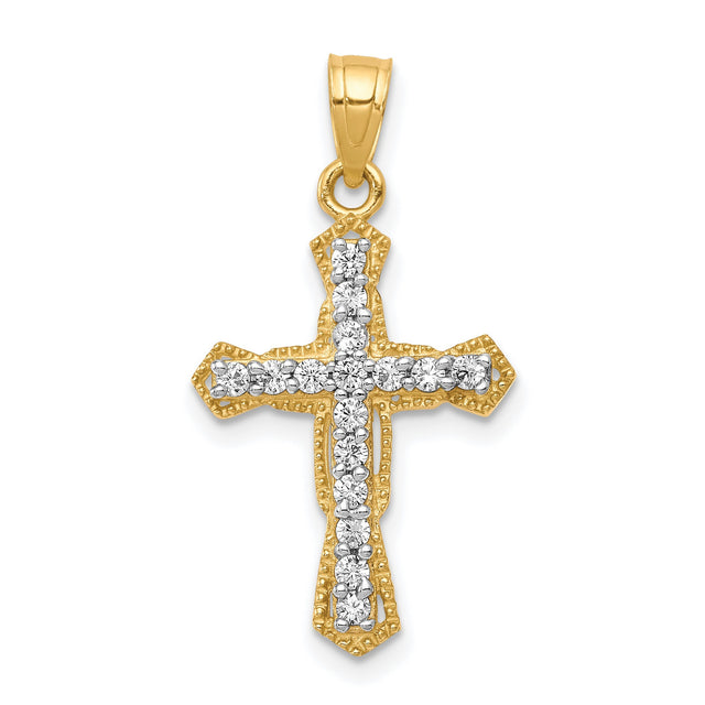 10k Yellow Gold Cross Pendant with Cubic Zirconia, Textured and Polished Finish for Men and Women