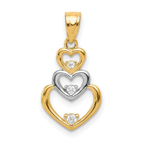 10k Multi-Tone Gold Triple Heart Pendant with Cubic Zirconia, Two-Tone Nested Heart Design